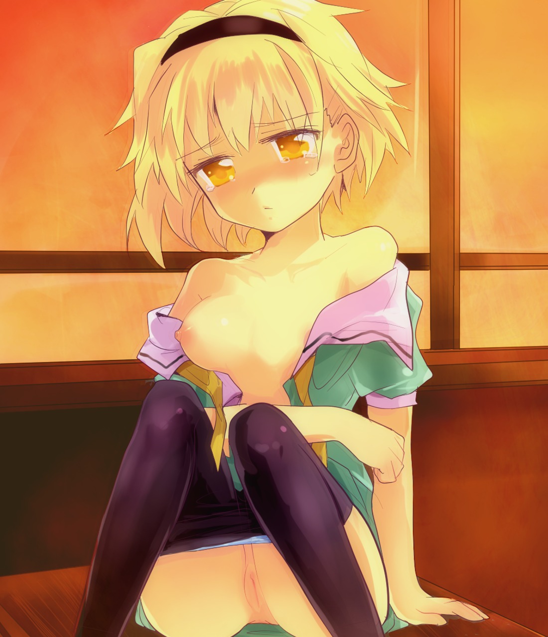 07th_expansion blush breasts female hairband highres higurashi_no_naku_koro_ni houjou_satoko nipples off_shoulder open_clothes pantyhose pantyhose_pull pussy rule34 short_hair small_breasts tanada tear uncensored yellow_eyes