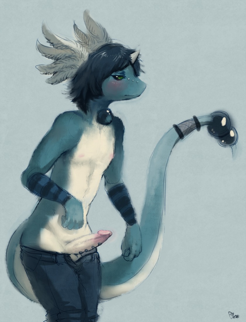 1boy 2011 blue_eyes blue_hair blush dragonair hair male male_only penis pokemon purplekecleon rule34 shy solo