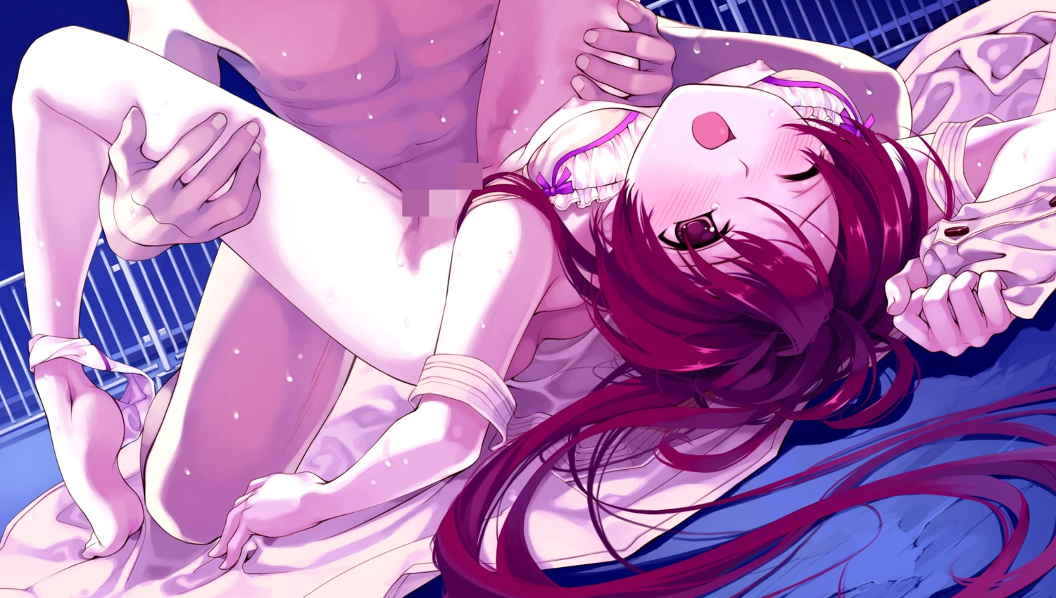 bra bra_lift censored female game_cg highres leg_hold lingerie long_hair lying night open_mouth panties panties_around_leg panties_around_one_leg red_hair rule34 sex spread_legs suiheisen_made_nali_mile sweat underwear wink