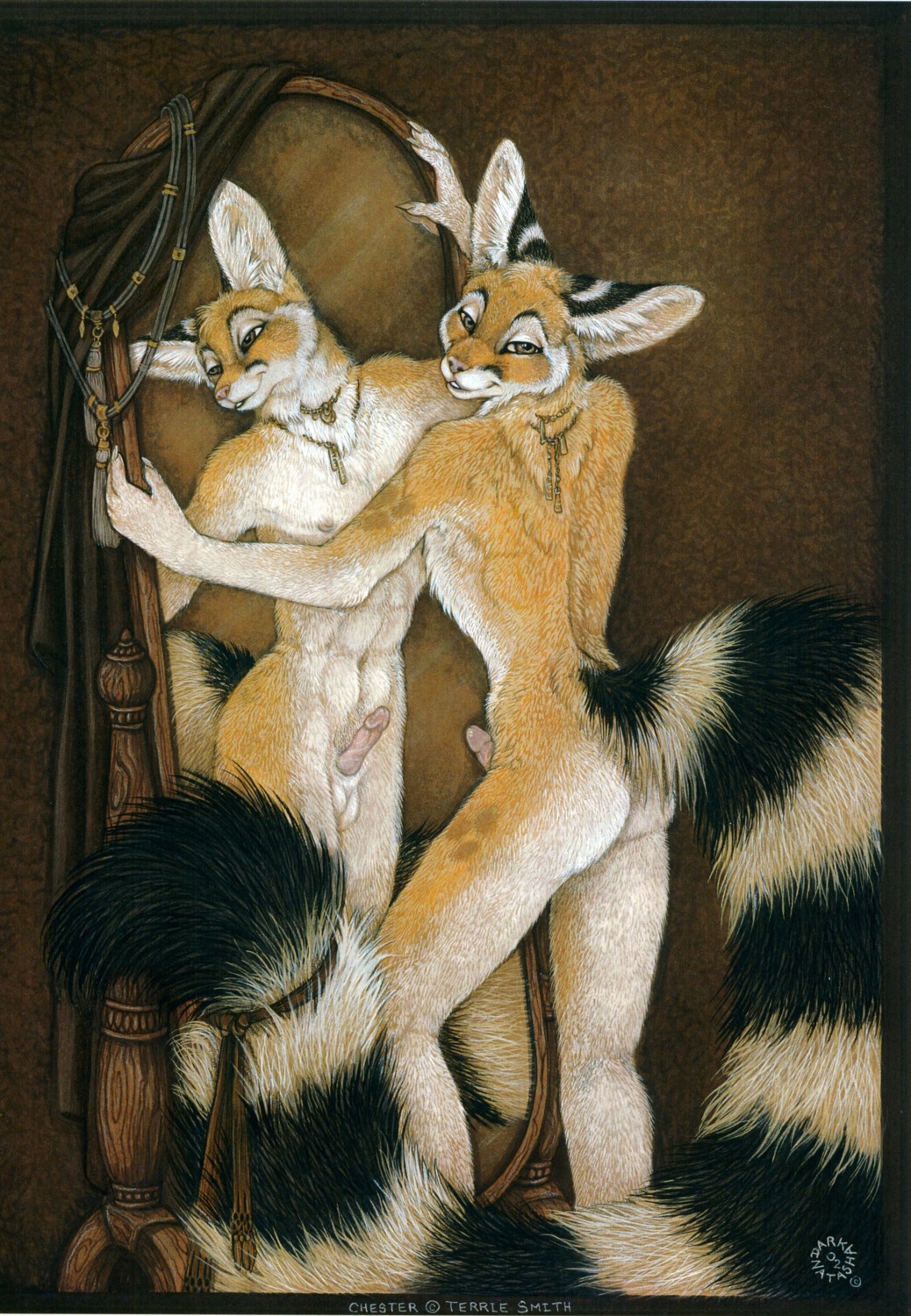 2002 abs accessory anthro balls bassariscus butt cacomistle chester_ringtail_magreer claws dark_natasha detailed e621 erection fluffy fluffy_tail furgonomics genitals half-closed_eyes havoc_inc. hi_res humanoid_genitalia humanoid_penis jewelry long_tail looking_at_viewer looking_back male mammal markings mirror narrowed_eyes navel necklace nipples nude penis pink_nipples pink_nose procyonid rear_view reflection ribbons ring_(marking) ringed_tail signature smile solo spots striped_markings striped_tail stripes tail tail_accessory tail_markings tail_ribbon
