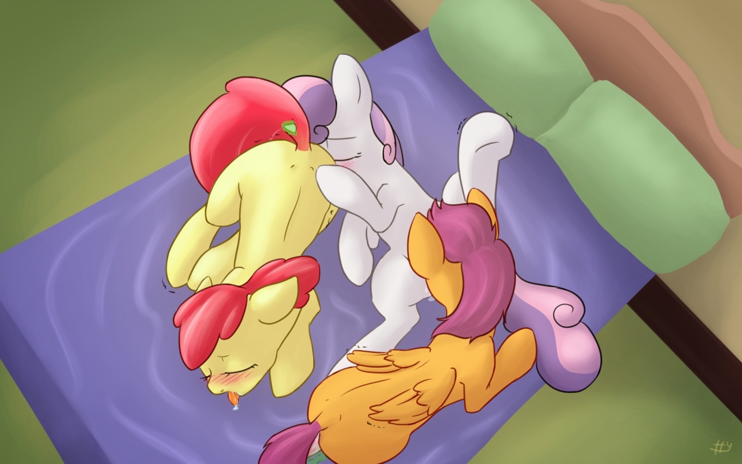 16:10 2013 apple_bloom_(mlp) bed bird's-eye_view blush bodily_fluids chain_position cunnilingus cutie_mark_crusaders_(mlp) daisy_chain dock_(anatomy) drooling e621 earth_pony equid equine eyes_closed feathered_wings feathers female female/female feral feral_on_feral friendship_is_magic fur furniture genital_fluids glowing glowing_horn group group_sex hair hasbro hi_res high-angle_view horn horse lying mammal multicolored_hair my_little_pony mythological_creature mythological_equine mythology nude on_back on_bed open_mouth oral orange_body orange_feathers orange_fur pegasus pillow pony purple_eyes purple_hair raised_leg red_hair saliva scootaloo_(mlp) sex sharpy signature spread_legs spreading sweetie_belle_(mlp) tail threesome tongue tongue_out trio two_tone_hair unicorn vaginal vaginal_fluids white_body white_fur widescreen wings yellow_body yellow_fur young young_feral