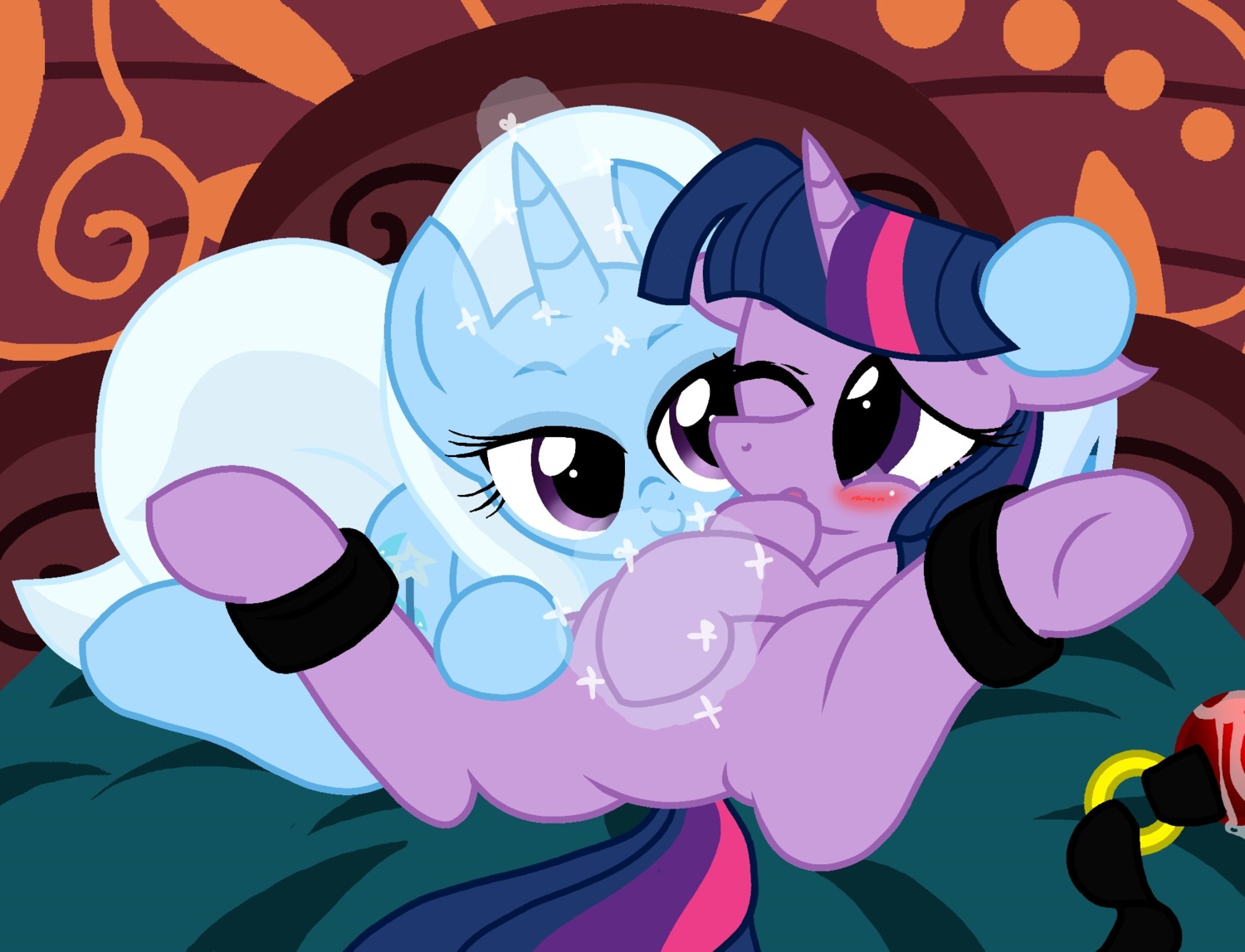 ball_gag bdsm blush bodily_fluids bondage bound cutie_mark drooling duo e621 equid equine eyes_closed female female/female feral friendship_is_magic fur gag hair hasbro hi_res horn long_hair looking_at_viewer magic male mammal multicolored_hair my_little_pony mythological_creature mythological_equine mythology open_mouth pink_hair purple_body purple_eyes purple_fur purple_hair pyruvate saliva short_hair tail trixie_(mlp) twilight_sparkle_(mlp) two_tone_hair unicorn