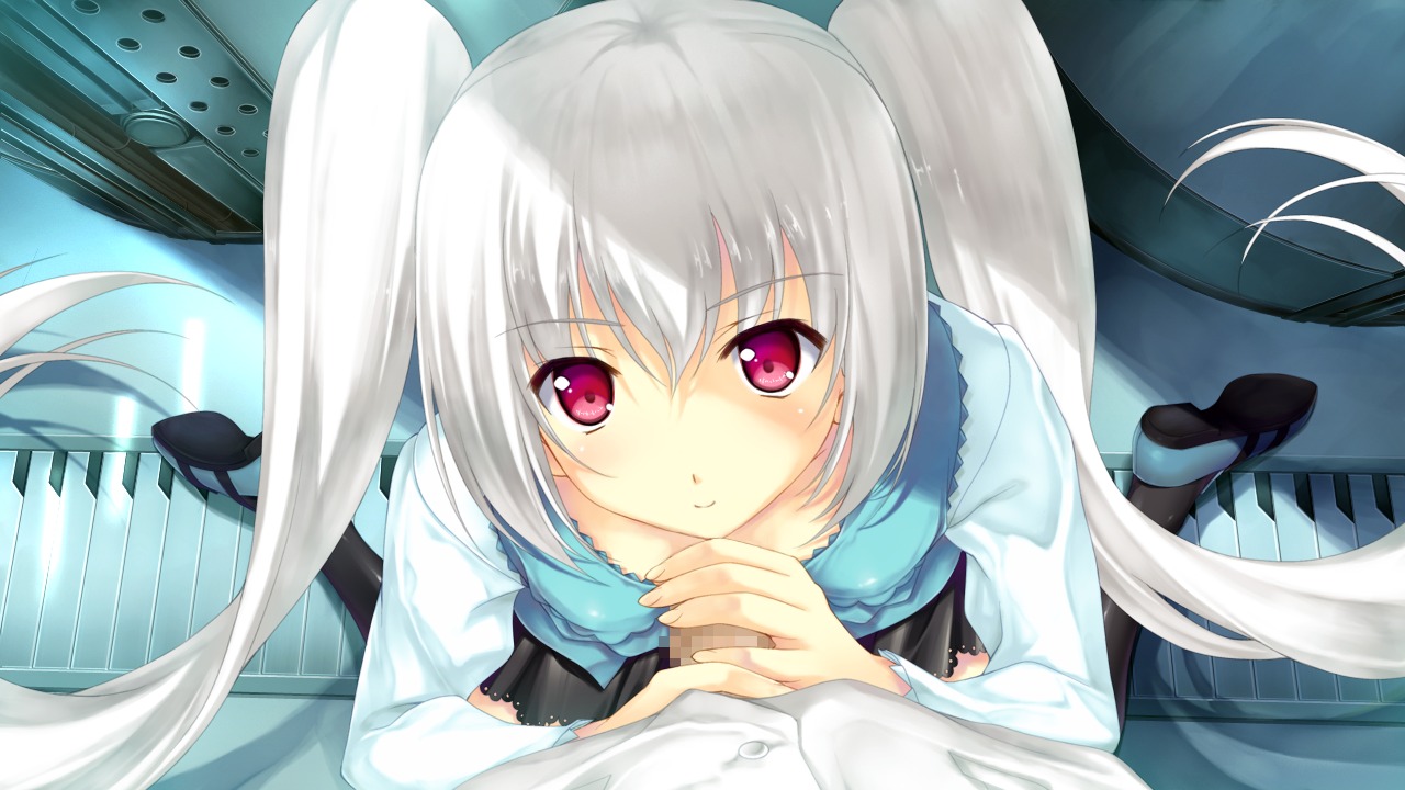 censored female game_cg handjob long_hair love_2_quad male naruse_hirofumi penis red_eyes rule34 smile thighhighs tied_hair tsukuba_mirai twintails white_hair