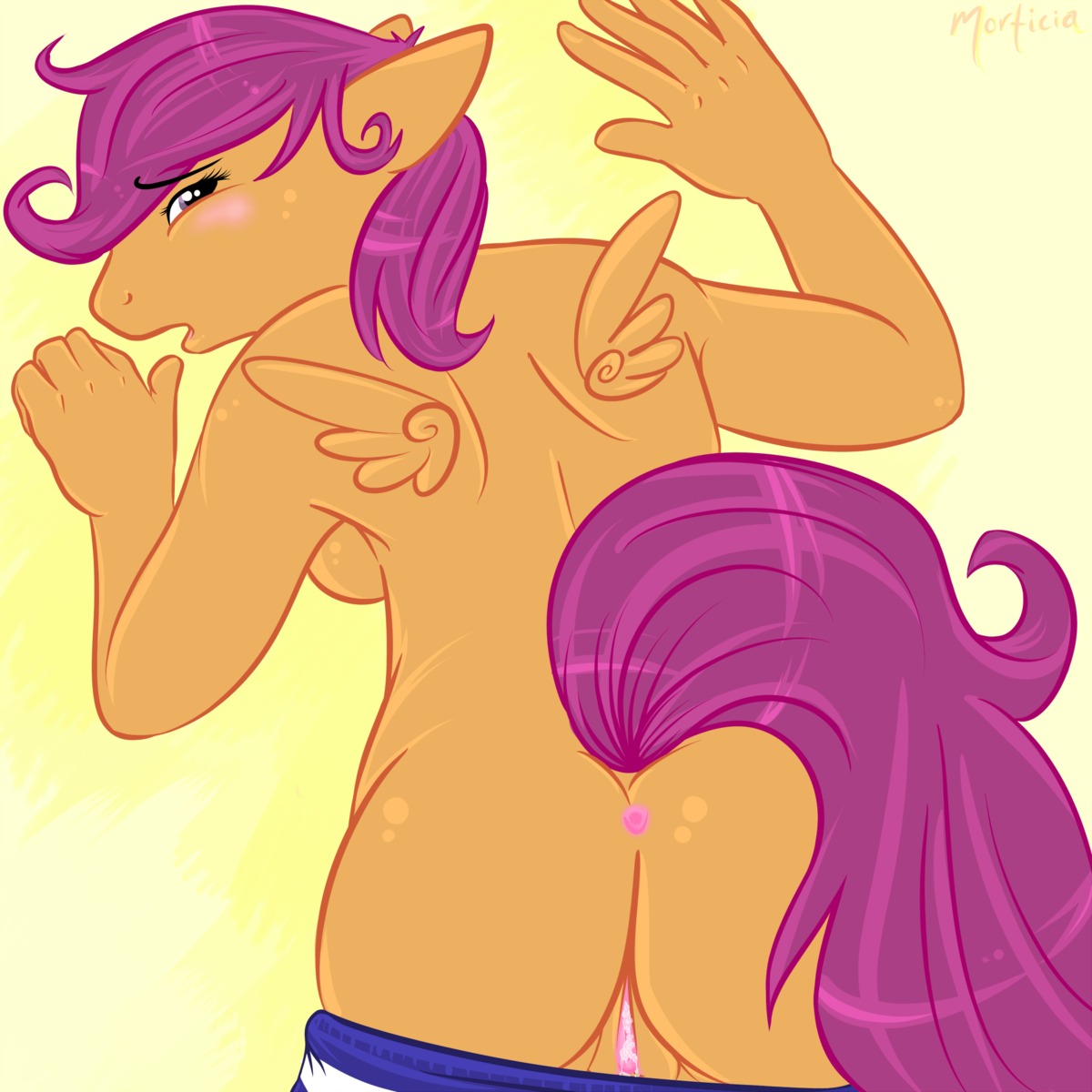 1:1 2012 5_fingers anthro anthrofied anus biped blush bottomwear bottomwear_down breasts butt clothed clothing e621 equid equine feathered_wings feathers female fingers friendship_is_magic genitals hair hasbro hi_res looking_at_viewer looking_back looking_back_at_viewer lying mammal morticia my_little_pony mythological_creature mythological_equine mythology on_front open_mouth orange_body orange_feathers pants pants_down partially_clothed pegasus presenting purple_hair rear_view scootaloo_(mlp) side_boob signature simple_background solo tail topless vulva wings young