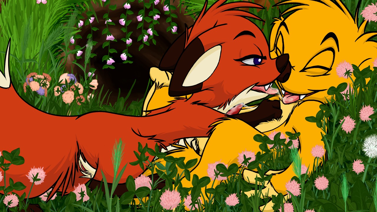 16:9 anthro bodily_fluids canid canine clover_(plant) cuddling den detailed_background duo e621 english_text erection eyes_closed female flower fox french_kissing genital_fluids genitals grass happy hugo_(jungledyret) jungledyret_hugo junglepony kissing laugh lying male male/female mammal marsupial nature on_back outside penis plant precum red_fox rita_(jungledyret) romantic romantic_ambiance romantic_couple saliva tail text true_fox vombatiform vulva widescreen
