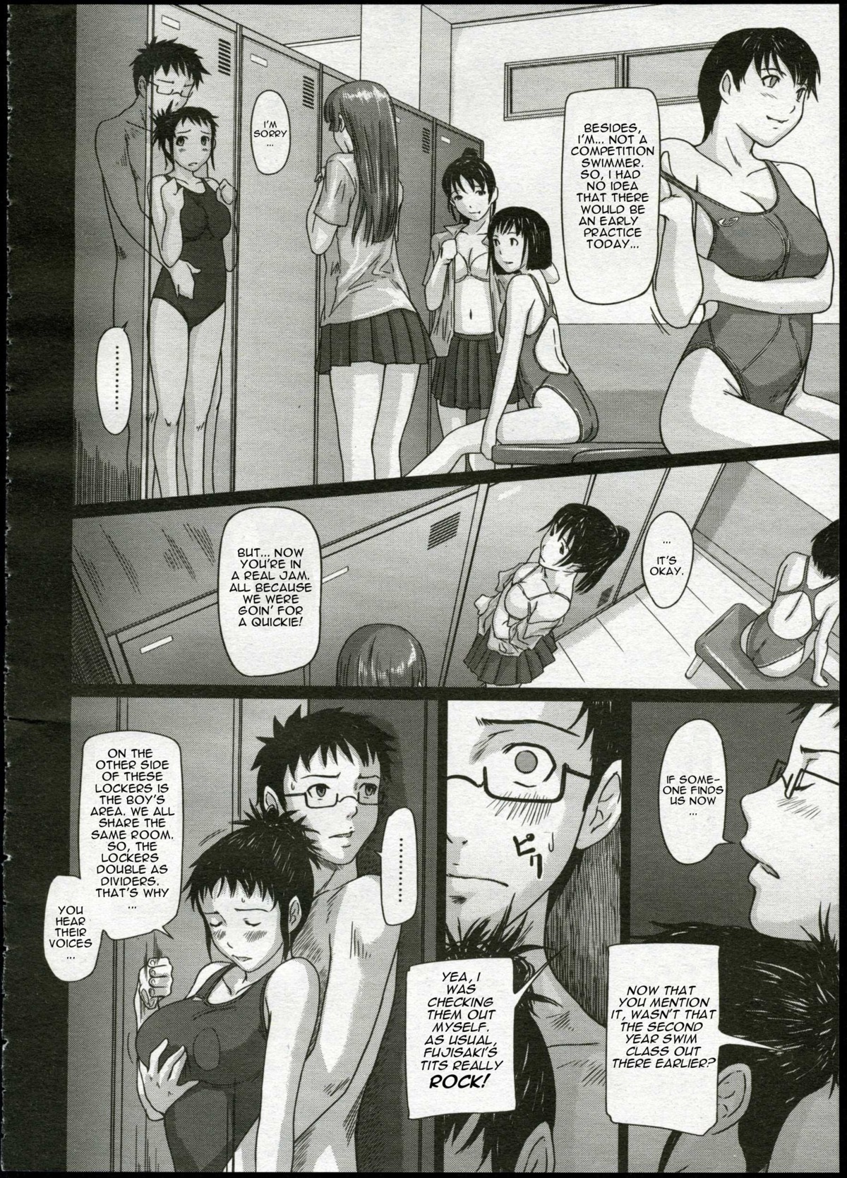 breast_grab breasts comic english_text female female_only giri_giri_sisters hard_translated highres kisaragi_gunma large_breasts locker locker_room manga monochrome multiple_females multiple_girls one-piece_swimsuit right_to_left rule34 school_uniform skirt swimsuit translated undressing