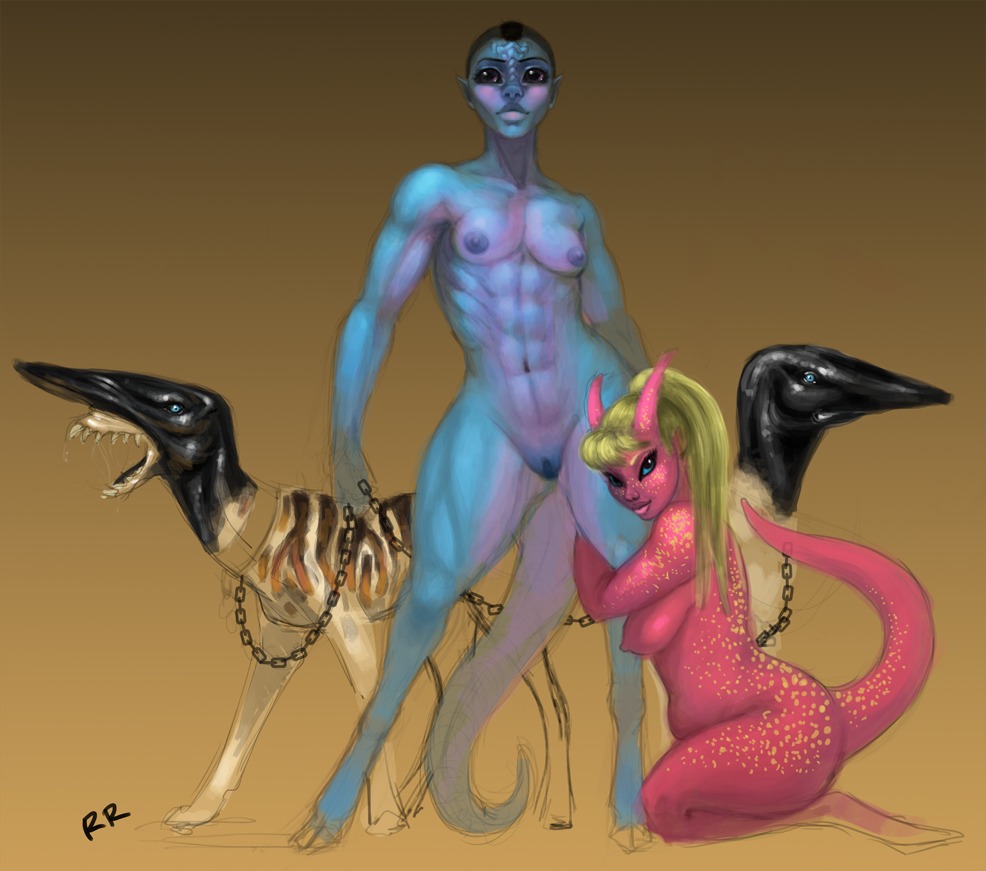 abs bdsm blonde_hair blue_nipples breasts butt chain collar e621 female female/female foxfeet genitals group hair hooves horn kneeling leg_grab looking_at_viewer monster muscular muscular_female navel nipples nude petplay raised_tail roleplay simple_background slightly_chubby small_breasts spots tail thick_thighs vulva