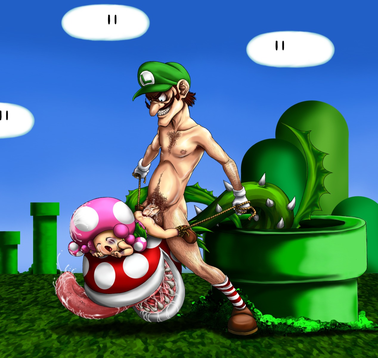 artist_request bottomless bruise closed_eyes cosplay female luigi_(cosplay) male mario_(series) nintendo nude open_mouth penis piranha_plant rape rape_face rule34 saliva super_mario_bros. tear toadette veiny_penis waluigi warp_pipe