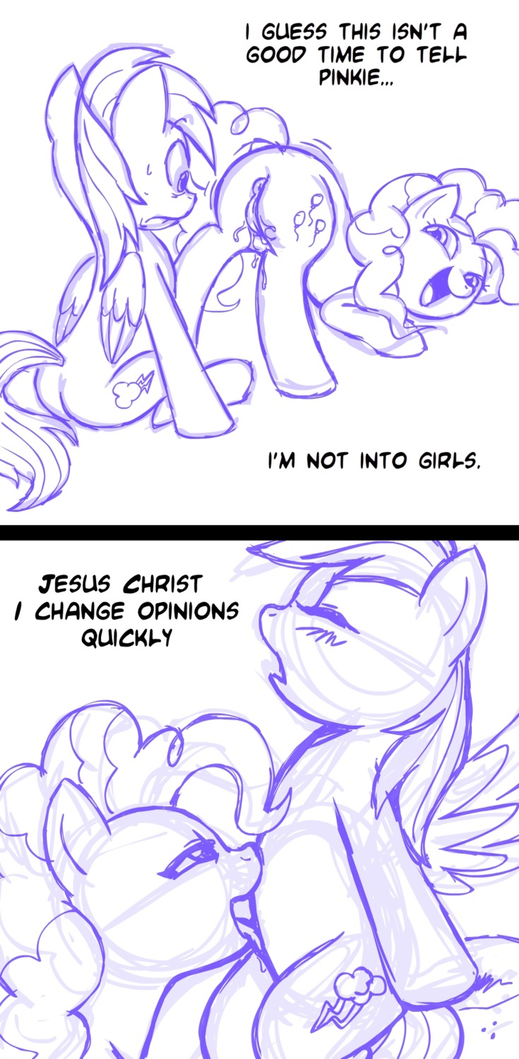 ass_up blush bodily_fluids comic duo e621 earth_pony english_text equid equine feathered_wings feathers female female/female feral forced friendship_is_magic genital_fluids genitals hair hasbro hi_res horse licking mammal monochrome multiple_positions my_little_pony mythological_creature mythological_equine mythology open_mouth pegasus pink_hair pinkie_pie_(mlp) pony rainbow_dash_(mlp) raised_tail rape rear_view sex simple_background sketch smile tail text tongue tongue_out unknown_artist until_they_like_it vaginal_fluids vulva white_background wing_boner wings