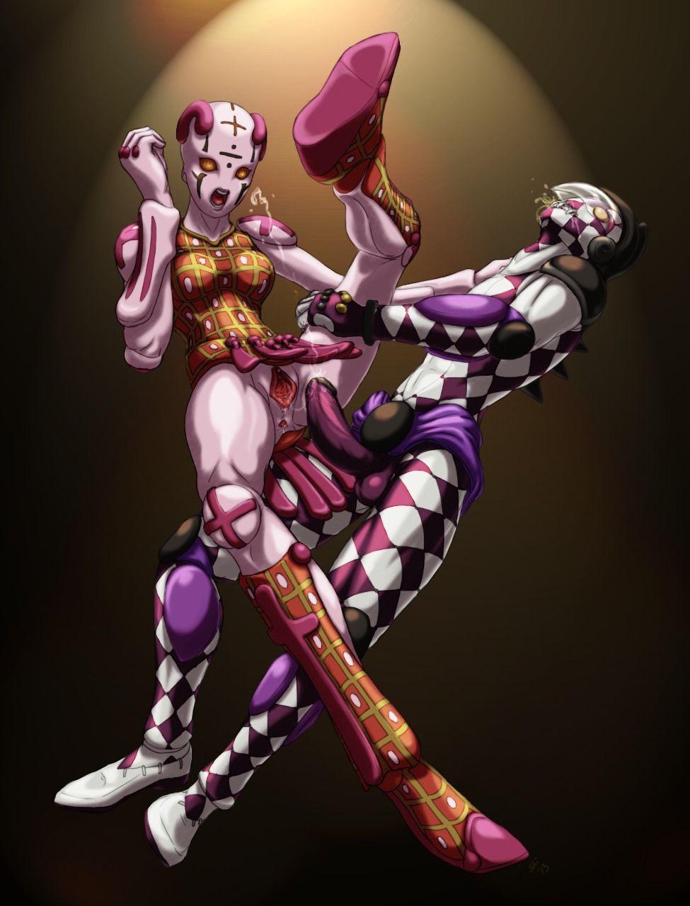 after_sex anthro balls bodily_fluids body_pattern bottomless checkered clothed clothing cum duo e621 erection female female_humanoid gaping genital_fluids genitals golden_wind hi_res humanoid humanoid_genitalia humanoid_on_humanoid humanoid_penis jojo's_bizarre_adventure male male/female male_humanoid meme messy not_furry orgasm penetration penis purple_haze_(jjba) sex skin_pattern spice_girl_(jjba) stand_(jjba) standing surprised vulva yellow_eyes yellowpower