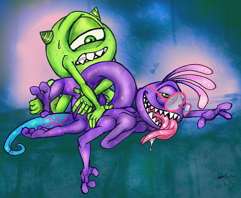 1_eye anal anal_penetration bed disney duo e621 eyewear furniture glasses green_eyes heart_symbol horn lizard male male/male male_penetrated male_penetrating male_penetrating_male mike_wazowski monster monsters_inc monsters_university orgasm penetration pixar randall_boggs reptile scalie sex tongue zeriara