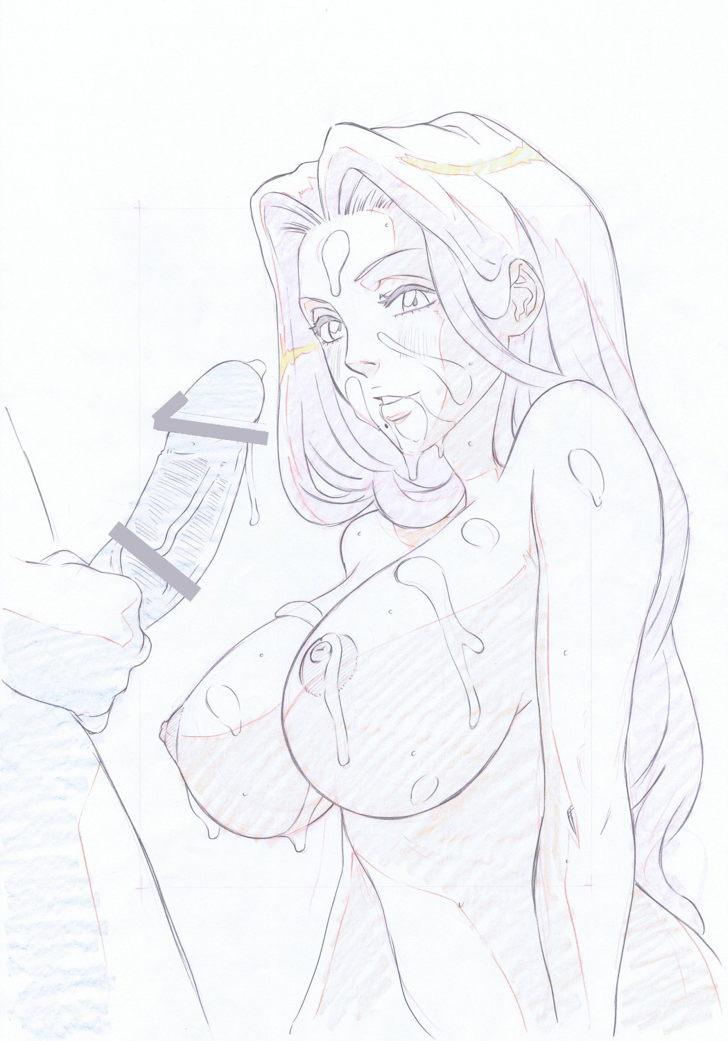 bleach breasts censored cum faceless_male female hayashibara_hikari highres large_breasts male matsumoto_rangiku rule34 sketch