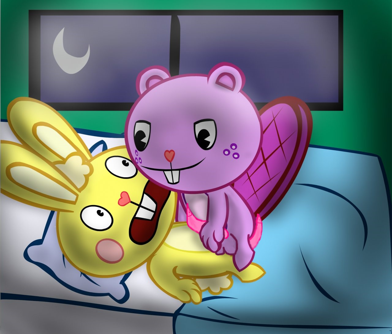 anthro beaver cuddles_(htf) furry happy_tree_friends lagomorph male male_only purple_fur rabbit rodent rule34 tagme toothy_(htf)