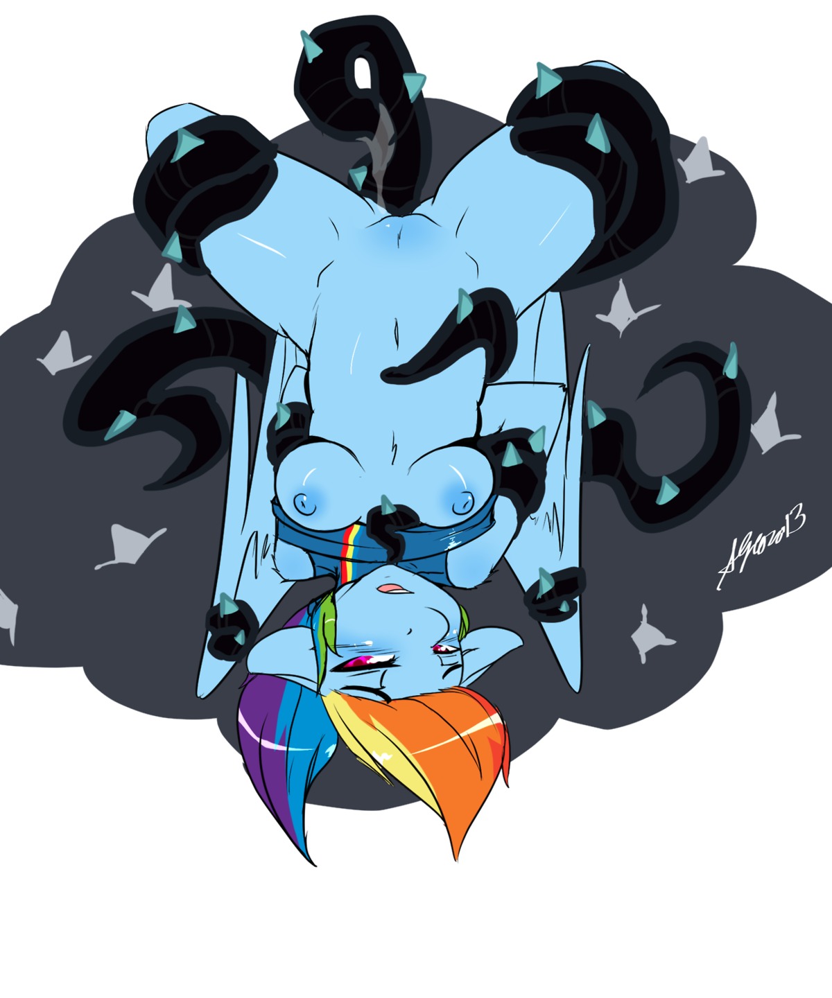 2013 5:6 anthro anthrofied avante92 blue_body blue_feathers blue_fur blush bound breasts clothing cloud dripping e621 equid equine feathered_wings feathers female forced friendship_is_magic fur genitals hair half-closed_eyes hasbro hi_res hooves mammal multicolored_hair my_little_pony mythological_creature mythological_equine mythology narrowed_eyes navel nipples nude open_mouth pegasus plant purple_eyes rainbow_dash_(mlp) rainbow_hair rape sex shirt simple_background solo spikes spread_legs spreading tentacle_rape tentacle_sex tentacles thorns topwear upside_down vines vulva white_background wings