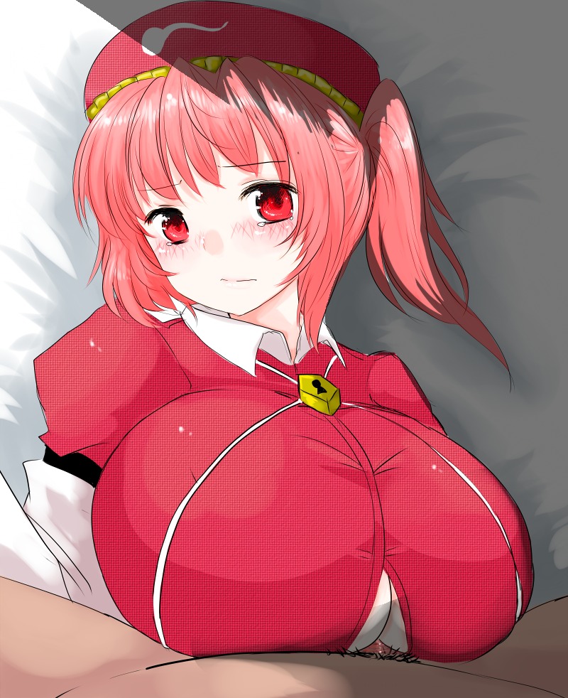 bed big_breasts blush breasts cleavage female han64 han_(jackpot) hat huge_breasts human lock male mitori_kawashiro paizuri paizuri_under_clothes penis pink_hair pubic_hair red_eyes rule34 straight tear touhou uncensored underboob_peek
