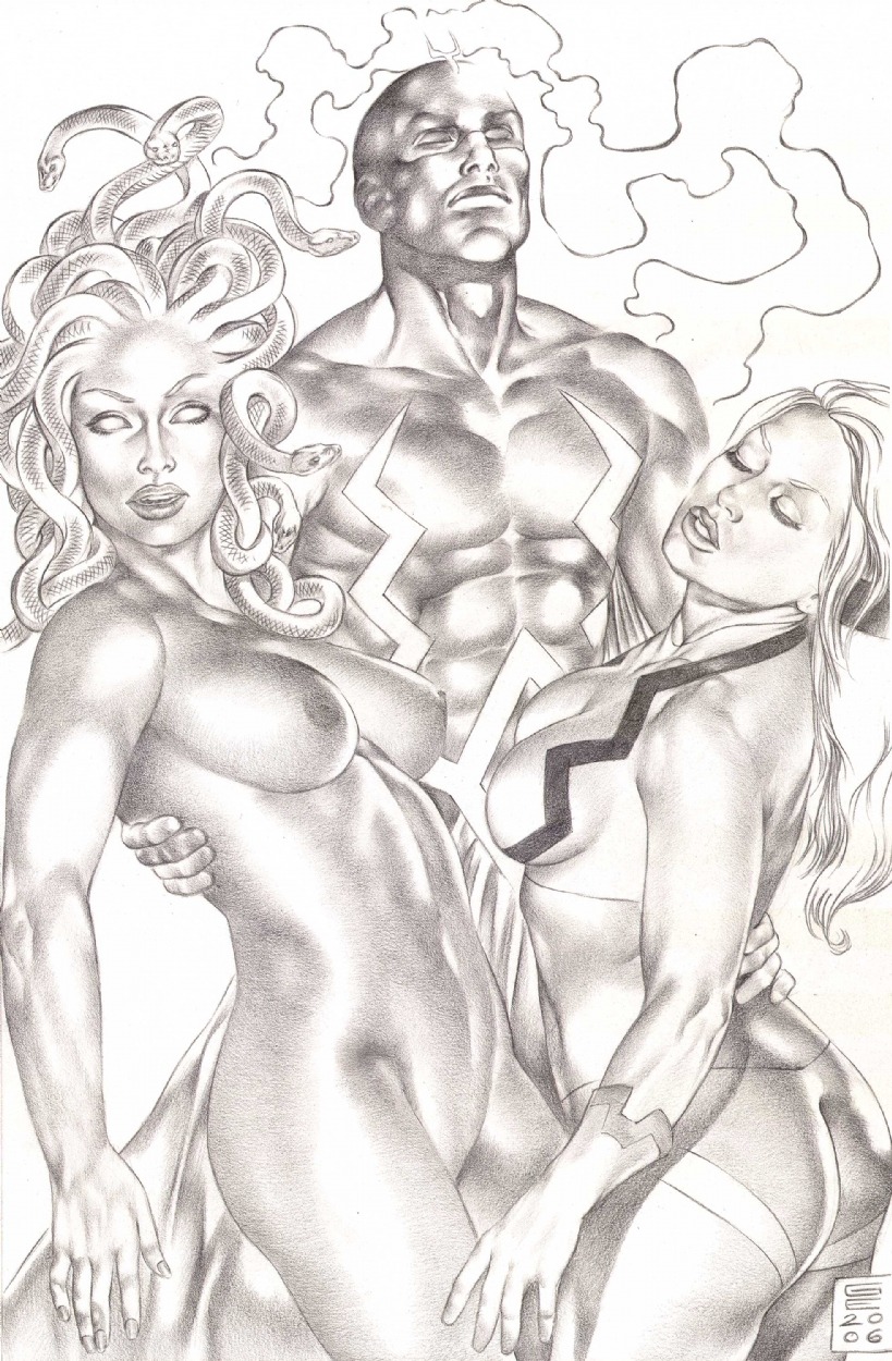 1boy 2006 2girls alternate_hairstyle black_bolt crystal_(inhumans) female fit fit_female fit_male gene_espy gorgon human inhumans male marvel marvel_comics medusa medusa_(inhumans) monochrome rule34 straight straight_hair threesome