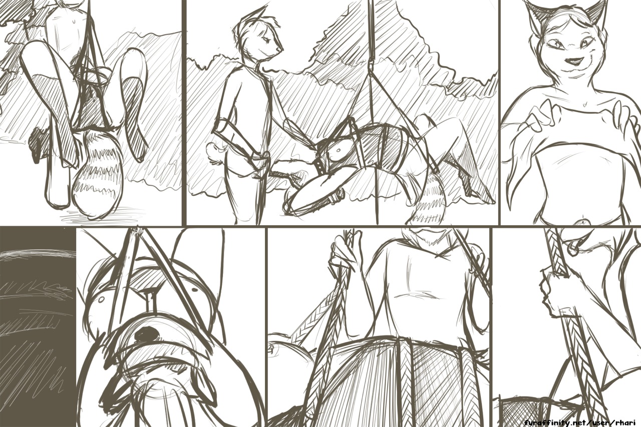 2012 anthro bdsm blindfold bondage bottomwear bound breasts canid canine clothing comic digital_drawing_(artwork) digital_media_(artwork) duo e621 felid feline fellatio female fever_low forest fox genitals greyscale hair harness hybrid kissing lake lynx male male/female mammal monochrome nipples oral outside pants penile penis plant procyonid public raccoon rhari rope sex skirt stripes suspension tail tree underwear undressing wood