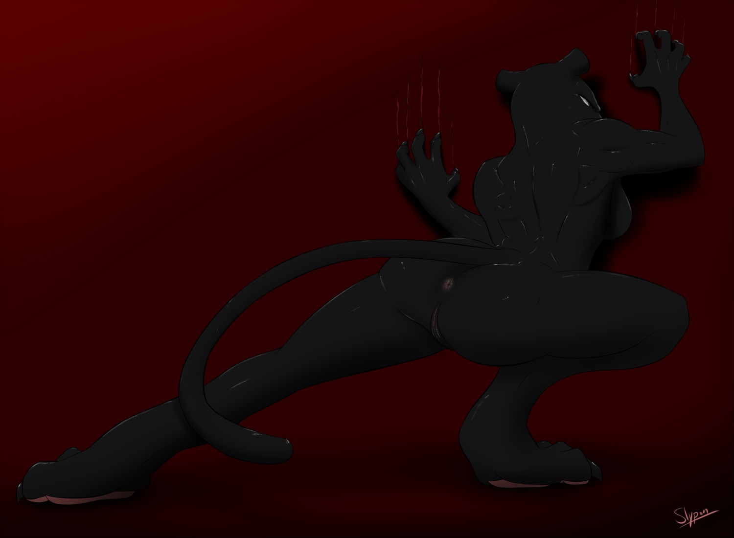 2013 anthro anus big_breasts black_eyes breasts butt claws e621 felid female genitals hi_res mammal nude pantherine scratching side_boob slypon solo toe_claws vulva