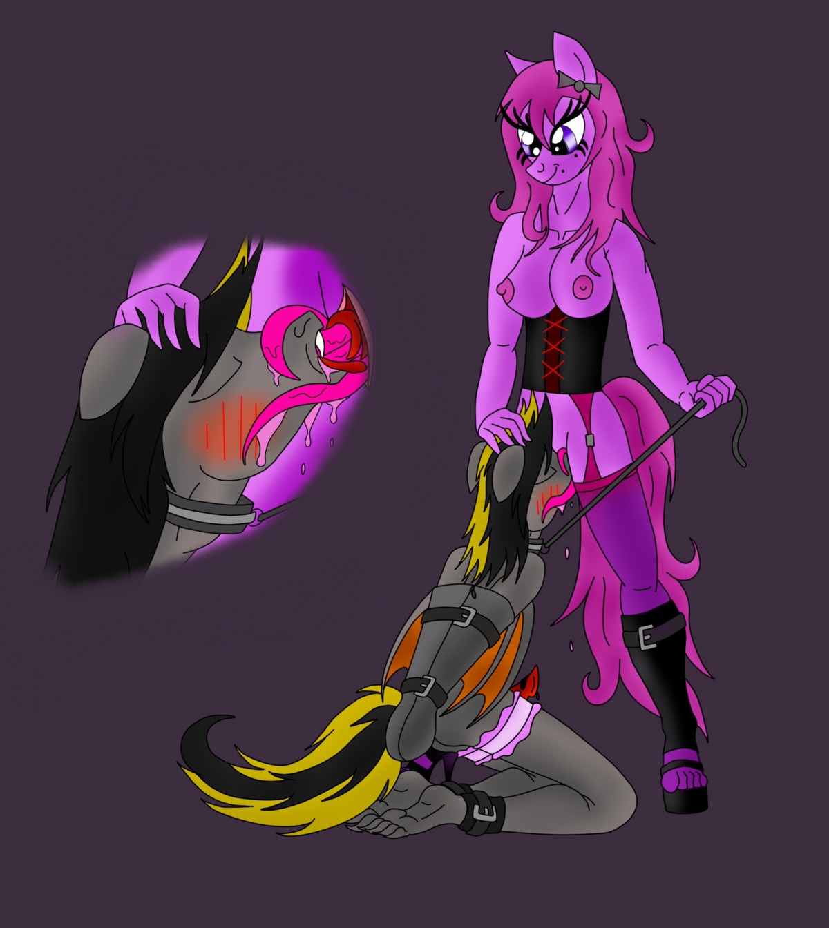 5j4c720 anthro bandage bound breasts collar dominant dominatrix dragon duo e621 equid equine fan_character female genitals hair hasbro hi_res horse leash mammal multicolored_hair my_little_pony mythological_creature mythological_scalie mythology nipples pink_body pink_skin pony purple_eyes scalie sucking tail tentacles two_tone_hair vulva