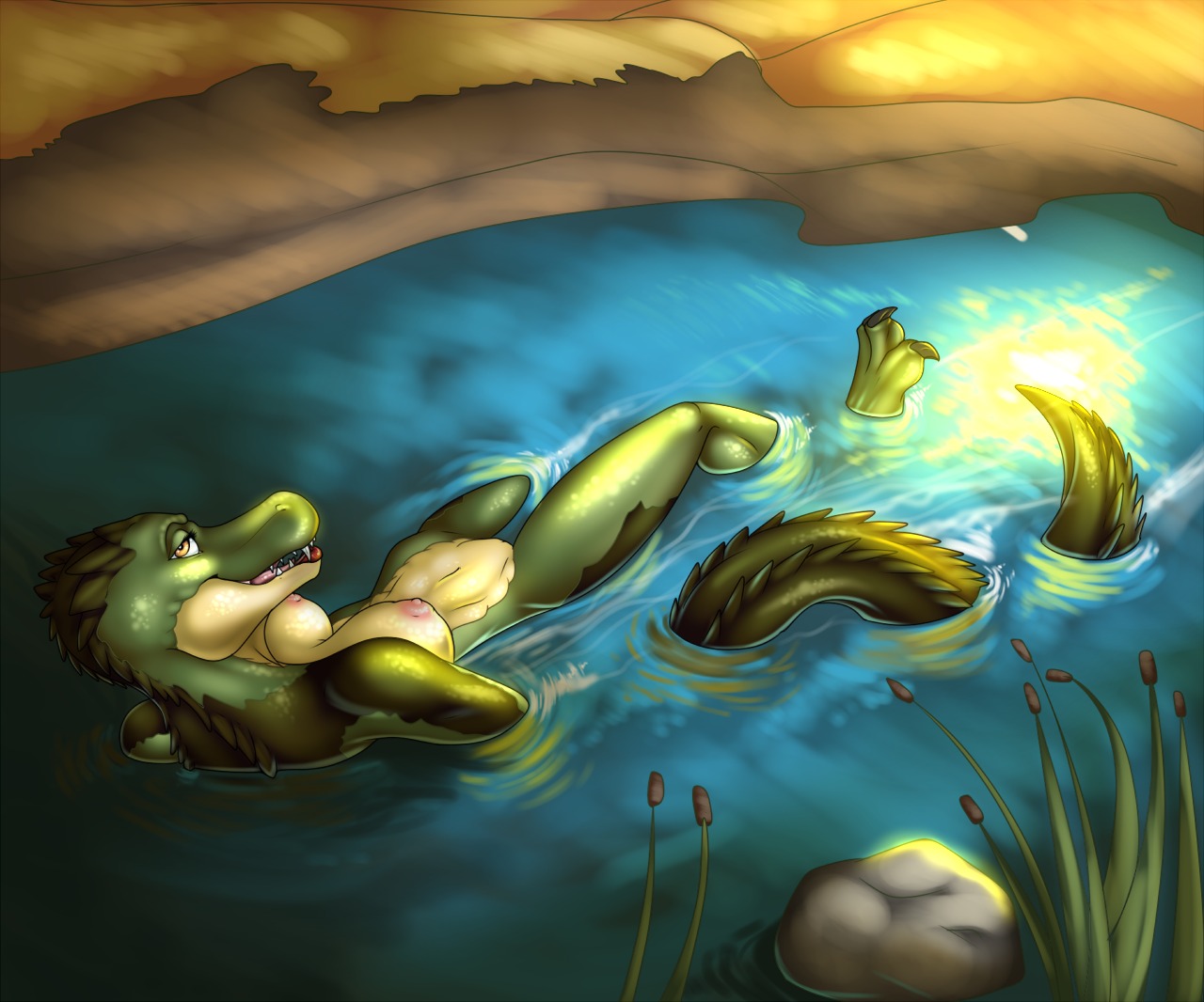 2011 anthro areola arm_in_water barely_visible_genitalia barely_visible_vulva breasts crocodile crocodilian digital_media_(artwork) e621 female fivel foot_out_of_water fully_submerged_arm genitals legs_in_water nipples non-mammal_breasts non-mammal_nipples nude outside partially_submerged reflection reptile river savanna scalie solo submerged_arm submerged_arms submerged_legs submerged_tail tail tail_out_of_water vulva water