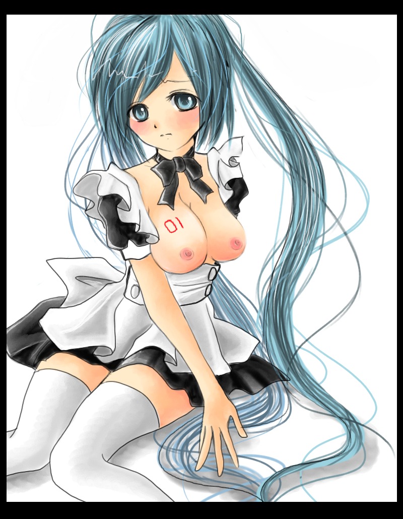 1girl 1girls 2d aqua_eyes aqua_hair areolae artist_request black_bowtie blue_eyes blue_hair blush bowtie breasts breasts_out clothed clothed_female color dress female frown hatsune_miku light-skinned_female light_skin long_hair maid maid_dress maid_outfit medium_breasts nipples pleated_dress rule34 simple_background sitting sleeves solo tattoo thighhighs twintails very_long_hair vocaloid white_background white_thighhighs