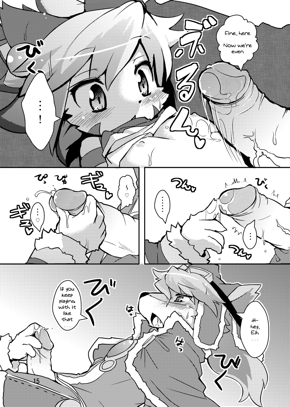 anthro blush breasts canine clothing comic cum dripping elh_melizee english_text erection female furry goggles half-dressed handjob interspecies male monochrome page_15 penis red_savarin ro rule34 shirt shirt_lift small_breasts solatorobo straight text translated uncensored