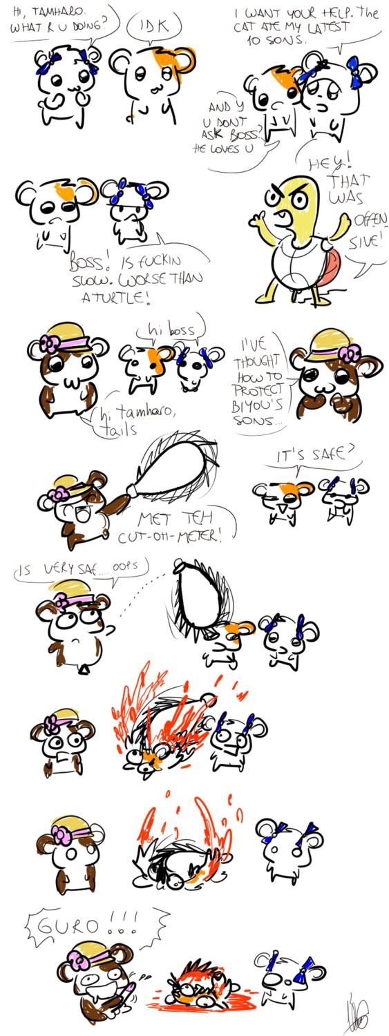 bijou_(hamtaro) blood bodily_fluids comic cricetid digital_media_(artwork) e621 english_text erection female genitals gore group hamster hamtaro hamtaro_(series) hi_res htfcuddles male mammal penis reptile ribbons rodent scalie simple_background sketch text turtle white_background