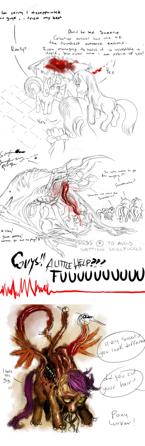 absurd_res abuse accessory alien apple_bloom_(mlp) blood bodily_fluids body_horror bow_(feature) bow_accessory bow_ribbon citlalicue comic crossover cutie_mark_crusaders_(mlp) dead_space e621 earth_pony electronic_arts english_text equid equine female feral flesh_creature friendship_is_magic group hair_accessory hair_bow hair_ribbon hasbro hi_res horn horse infector_(dead_space) lurker_(dead_space) mammal my_little_pony mythological_creature mythological_equine mythology necromorph nightmare_fuel ottanta pegasus pony quadruped quick_time_event rarity_(mlp) ribbons scootaloo_(mlp) sweetie_belle_(mlp) tail tears text twilight_sparkle_(mlp) undead unicorn visceral_games what what_has_magic_done wings zombie