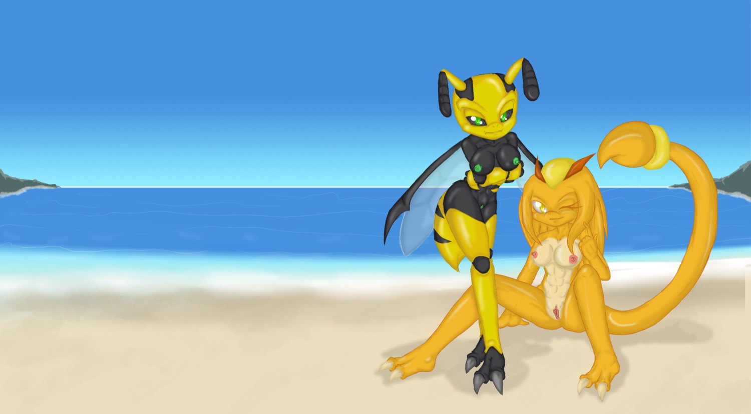 arachnid arthropod beach breasts claws duo e621 exoskeleton female genitals green_eyes grey_body grey_exoskeleton hi_res hymenopteran insect insect_wings mitzy_kandari_(ionic44) multicolored_body multicolored_exoskeleton nipples non-mammal_breasts non-mammal_nipples nude omega_wasp outside rx-wolfblade scorpion seaside two_tone_body two_tone_exoskeleton vektra_hektorian vulva wasp wings yellow_body yellow_exoskeleton