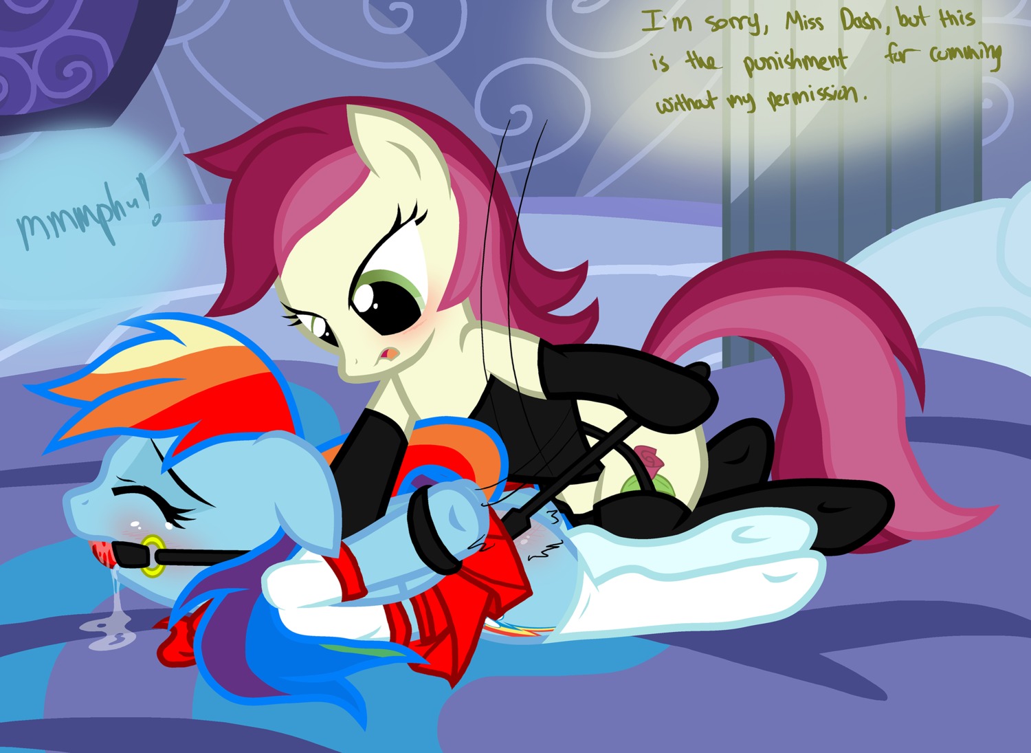 ball_gag bdsm blue_body blue_feathers blue_fur bodily_fluids bondage bound butt_slap clothing corset crying dominant dominant_female drooling duo e621 earth_pony english_text equid equine feathered_wings feathers female female/female feral friendship_is_magic fur gag gagged gloves hair handwear hasbro hi_res horse legwear lingerie mammal multicolored_hair my_little_pony mythological_creature mythological_equine mythology pegasus pony pyruvate rainbow_dash_(mlp) rainbow_hair riding_crop rose_(mlp) saliva school_uniform slap spanking stockings submissive submissive_female tail tears text thigh_highs topwear uniform whip wings