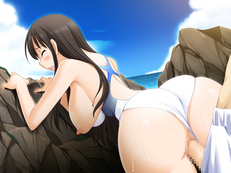 arched_back ass beach bent_over bikini blue_sky blush breasts brown_hair censored cleavage closed_eyes cloud clouds female game_cg hanging_breasts holding_on human koi_to_mizugi_to_taiyo_to large_breasts long_hair male nipples nude ocean open_mouth outdoors outside penis pov pussy rock rocks rule34 sex sky straight sweat swim_shorts swim_trunks swimsuit vagina water waves white_bikini