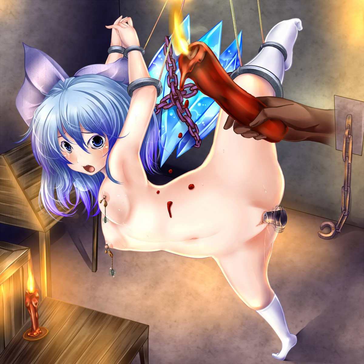 arms_bound arms_up bdsm blue_eyes blush bondage bound breasts candle chains cirno crying dildo disembodied_hand dungeon embarrassed_nude_female eyes_open female femsub forced forced_nudity forced_presentation helpless highres leg_up legs_held_open monikano multicolored_hair nipple_clamps nipples nude open_mouth presenting pussy rape restrained rope rule34 scared sex_slave slave splits spread_legs submissive tear tiptoes touhou vaginal_penetration vertical_splits wax wooden_horse