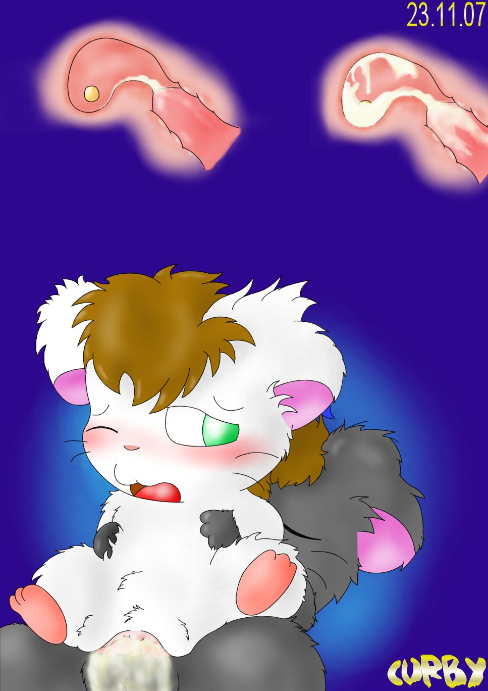 blush bodily_fluids cricetid cum curby duo e621 female genital_fluids hamster hamtaro_(series) hi_res internal male male/female mammal rodent
