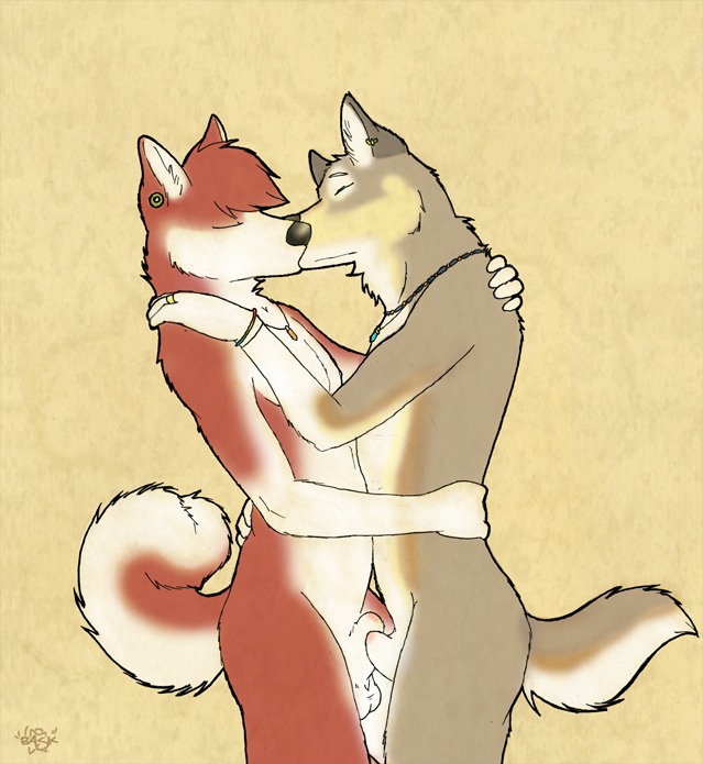2012 animal_genitalia anthro balls bask bracelet brown_body brown_fur canid canine canis domestic_dog duo e621 ear_piercing eyes_closed flaccid frottage fur genitals grey_body grey_fur hair husky jewelry kissing love male male/male mammal mixed_breed necklace nordic_sled_dog nude orange_body orange_fur orange_hair penile penis penises_touching piercing romantic romantic_couple sex sheath simple_background spitz standing tail textured_background utonagan white_body white_fur