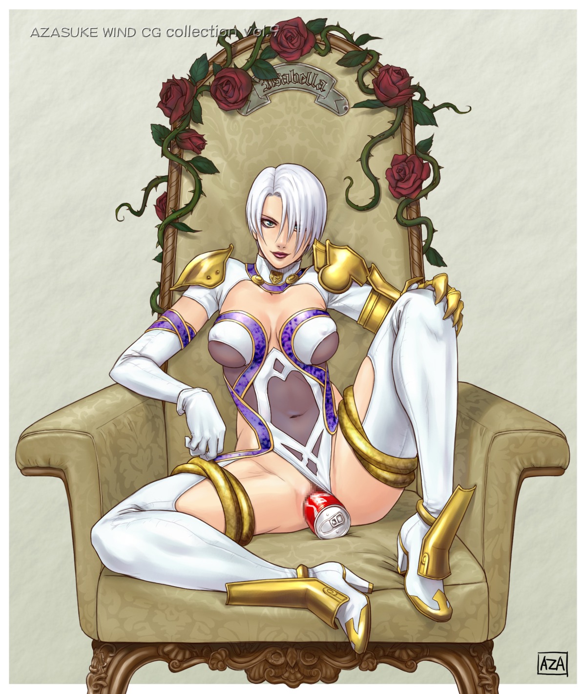 armor azasuke boots breasts can censored chair coca-cola drink elbow_gloves erect_nipples female female_only flower gauntlet gauntlets gloves green_eyes hair_over_one_eye high_heels highres human insertion isabella_valentine large_insertion leg_lift leotard leotard_aside lipstick looking_at_viewer midriff navel nipples penetration product_placement pussy rose rule34 see-through short_hair sitting soda soda_can soda_can_insertion solo soul_calibur spread_legs thigh_boots thighhighs vaginal_penetration vine vines white_hair