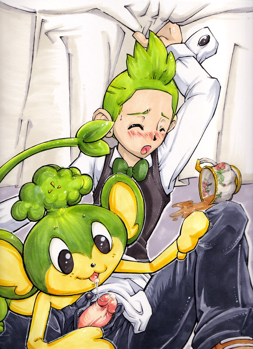 atomicdog cilan_(pokemon) clothes color cum feral fur human interspecies male male_only pansage penis pokemon pokemon_bw pokephilia rule34 sitting tagme
