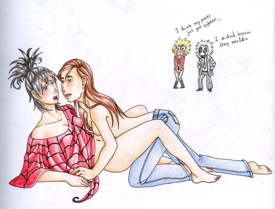 2boys 2girls beetlejuice beetlejuice_(character) breasts clothing crossover david_bowie dialogue english_text fae faerie fairy female fey funny goth human jareth jeans jennifer_connelly labyrinth labyrinth_(1986) lydia_deetz male nipples rule34 sarah_williams text tim_burton yuri yuri_with_male_audience