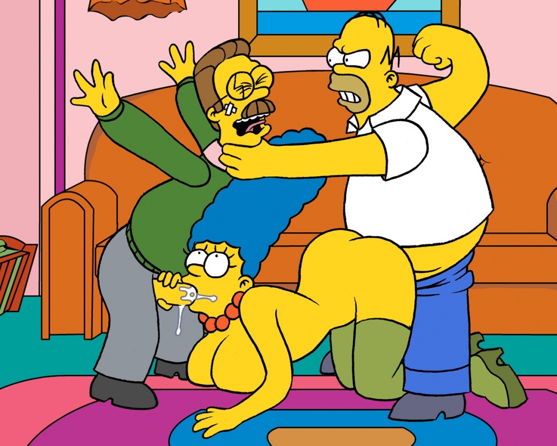 20th_century_studios accurate_art_style blue_hair breasts clothes color cum fellatio female hair homer_simpson human indoors insertion male marge_simpson multiple_males ned_flanders nipples oral penis rule34 sex side_view sitting standing straight the_simpsons violence yellow_body yellow_skin