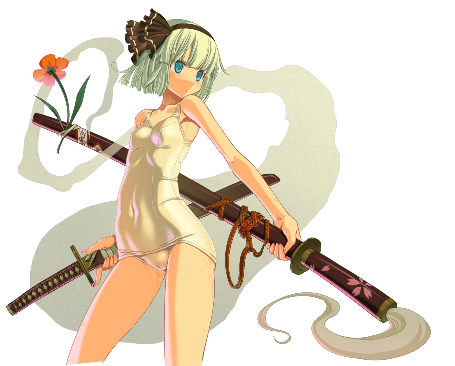 blue_eyes cameltoe female flower ghost hairband high_resolution hitodama katana mizugi one-piece_swimsuit pussy ribbon rule34 sakuya_tsuitachi school_swimsuit sheath sheathed shiny shiny_clothes short_hair silver_hair solo sukumizu swimsuit sword touhou weapon wet white_school_swimsuit youmu_konpaku youmu_konpaku_(ghost)