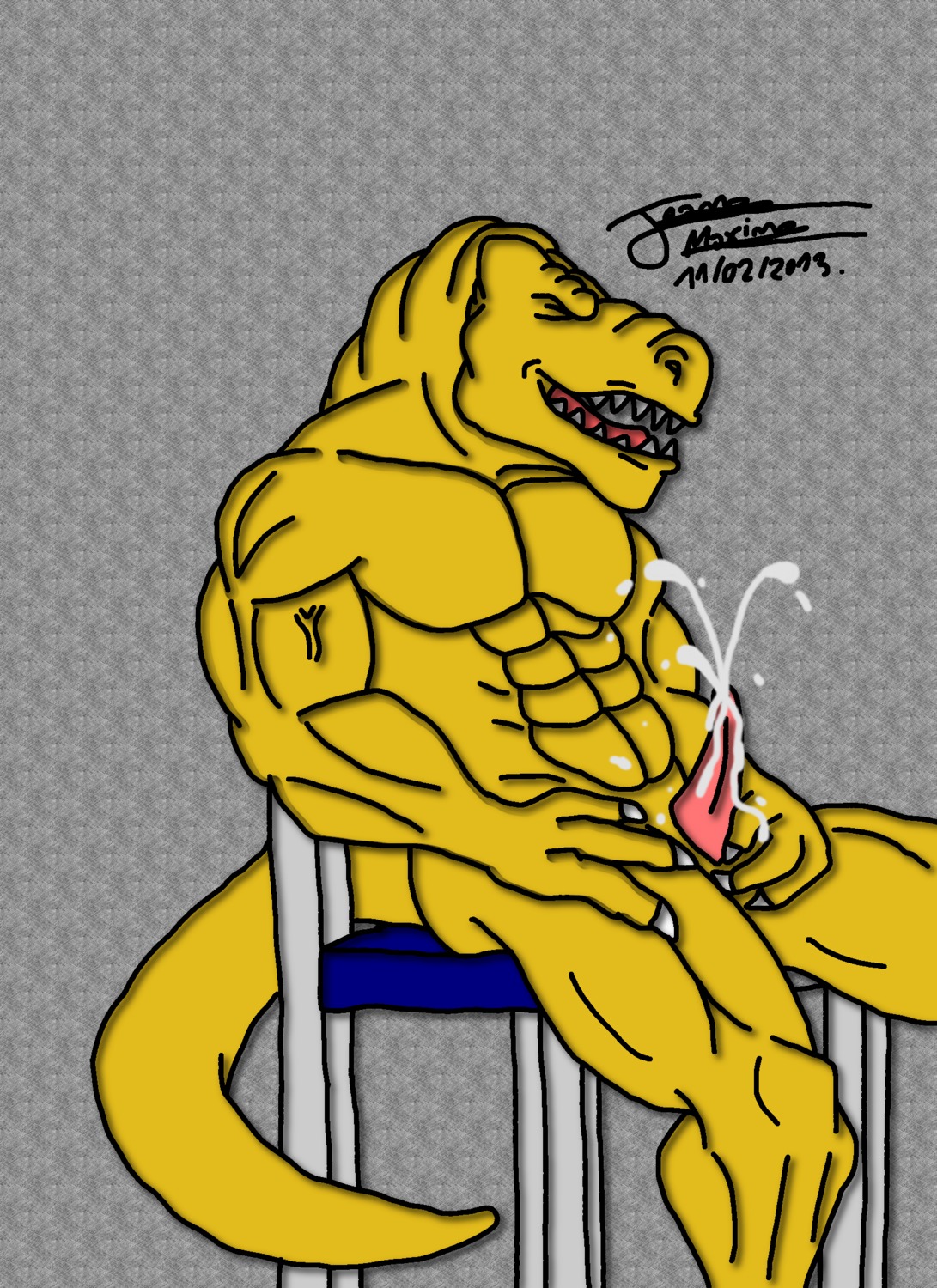 2013 abs animal_genitalia anthro athletic balls biceps biped bodily_fluids chair claws cum cum_on_penis cum_string cumshot dinosaur e621 ejaculation erection extreme_dinosaurs eyes_closed fangs furniture genital_fluids genitals hi_res leaking male masturbation maxime-jeanne muscular muscular_anthro nude open_mouth orgasm pecs penile penile_masturbation penis pose prehistoric_species reptile saurischian scales scalie sheath sitting solo t-bone_(extreme_dinosaurs) tail teeth theropod tongue tyrannosaurid tyrannosauroid tyrannosaurus tyrannosaurus_rex vein yellow_body yellow_skin