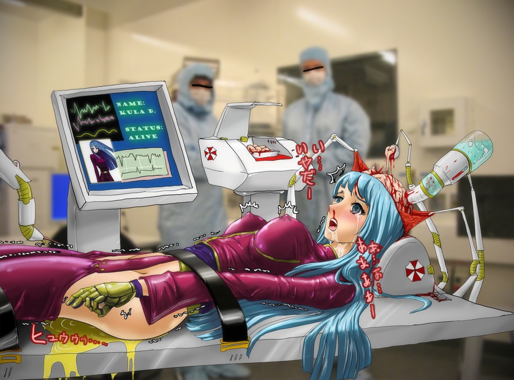 bloody_nose blue blue_eyes bondage brain clothed crying crying_with_eyes_open drooling female gore guro hair king_of_fighters kula_diamond long_hair machine medical peeing pissing robotic_arm rule34 snk straps tears tight_clothing umbrella_corporation