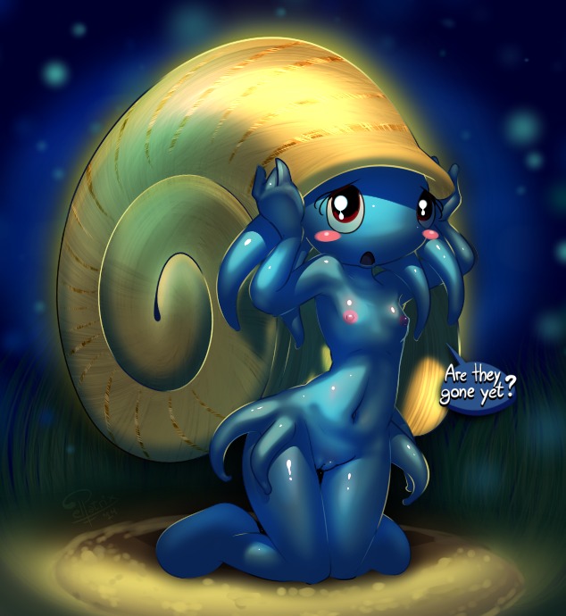 2014 anthro biped blue_body blush breasts dialogue digital_media_(artwork) e621 elpatrixf english_text featureless_feet feet female fossil_pokemon generation_1_pokemon genitals kneeling looking_at_viewer nintendo nipples omanyte open_mouth pokemon pokemon_(species) pokemorph question_mark shadow shell small_breasts solo speech_bubble text vulva