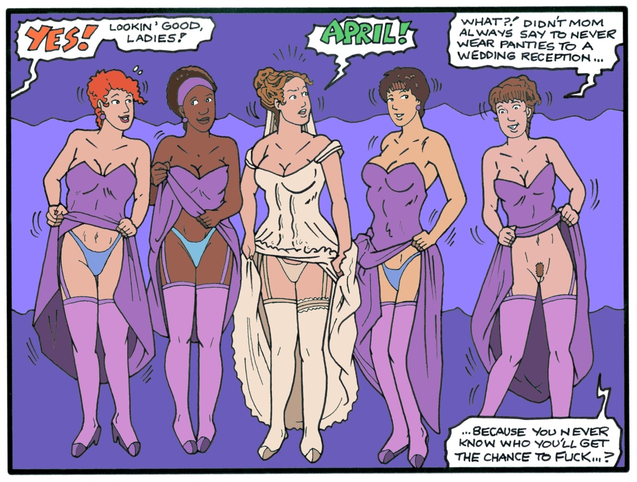 5girls april_patterson blue_panties bride bridesmaid cleavage clothing dark-skinned_female dark_skin female for_better_or_for_worse high_heels human karstens light-skinned_female light_skin multiple_females multiple_girls pale-skinned_female pale_skin purple_dress purple_stockings pussy rule34 tagme text_bubble unshaved_pussy