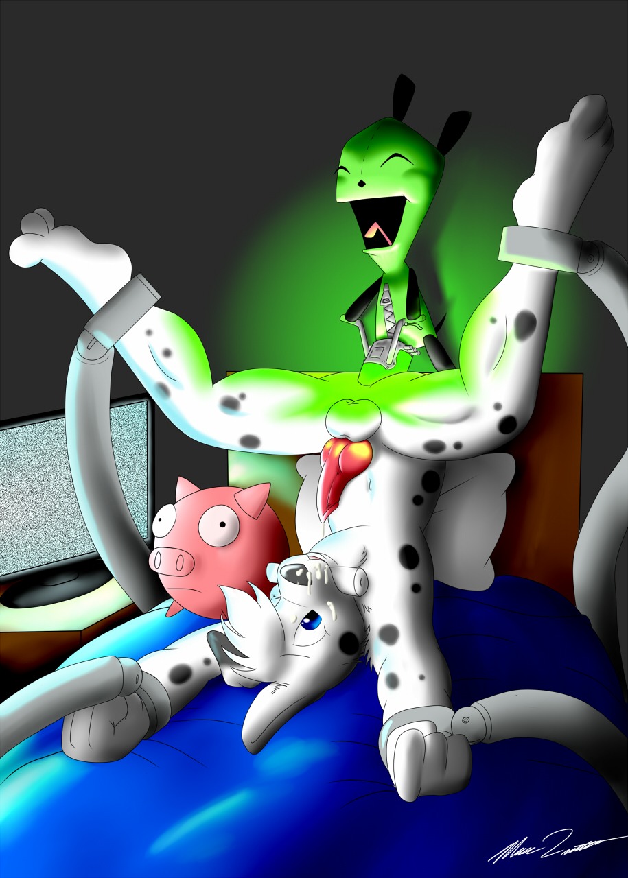 1boy 3_toes 4_fingers after_orgasm anal animal_ears animal_genitalia animal_humanoid animal_penis anthro anthro_penetrated artist_signature balls ballsack bed bedroom bedroom_sex blue_eyes canine_penis closed_eyes cock dick eyes fingers fur furry furry_male genital_fluids genitals gir_(invader_zim) humanoid invader_zim knot knotted_penis male male_penetrated marc_leonhardt nickelodeon on_bed one_eye_closed open_mouth penis rule34 size_difference straight_hair tagme television testicles toes tongue tongue_out white_fur white_sclera