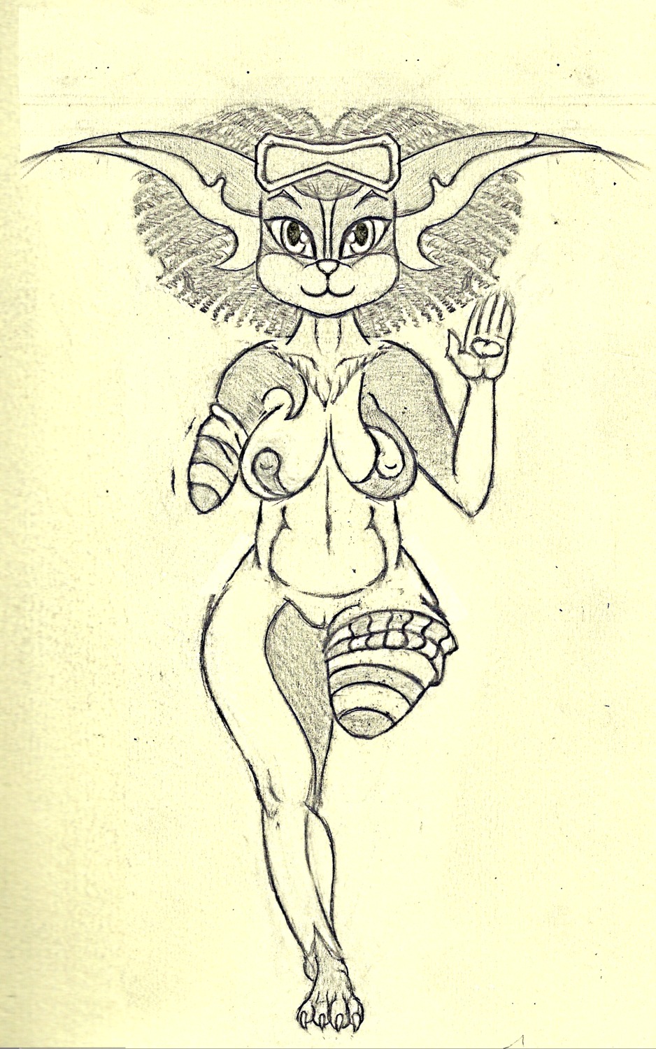2_missing_limbs 5:8 absurd_res amputee azumaril big_ears breasts disability e621 eyewear female genitals goggles hi_res looking_at_viewer missing_arm missing_leg monochrome nipples solo vulva