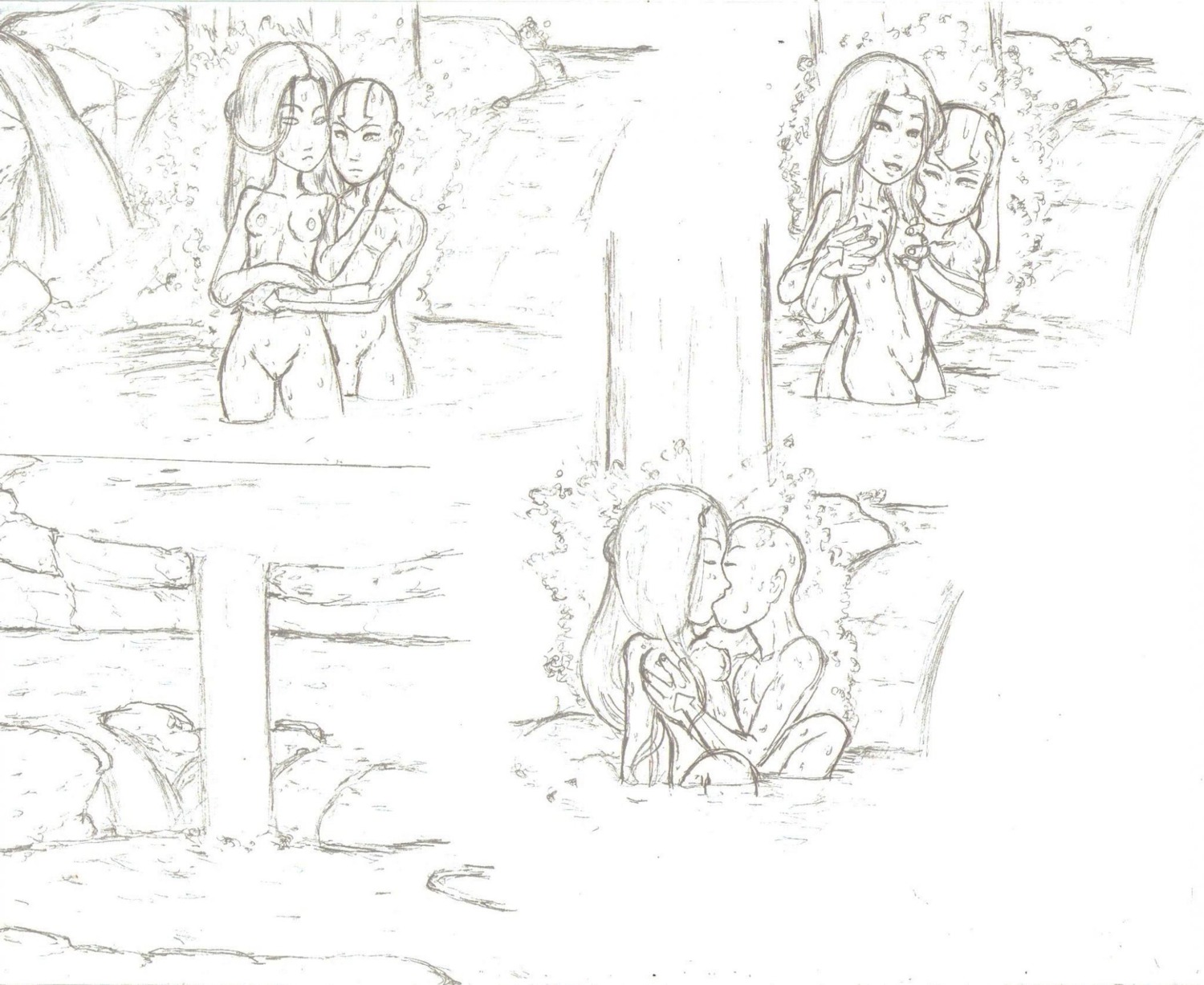1boy 1girls aang air_nomad airbender_tattoo avatar_legends avatar_the_last_airbender black_and_white breasts female greenhouse_(artist) human katara male male/female rule34 small_breasts straight the_avatar water water_tribe