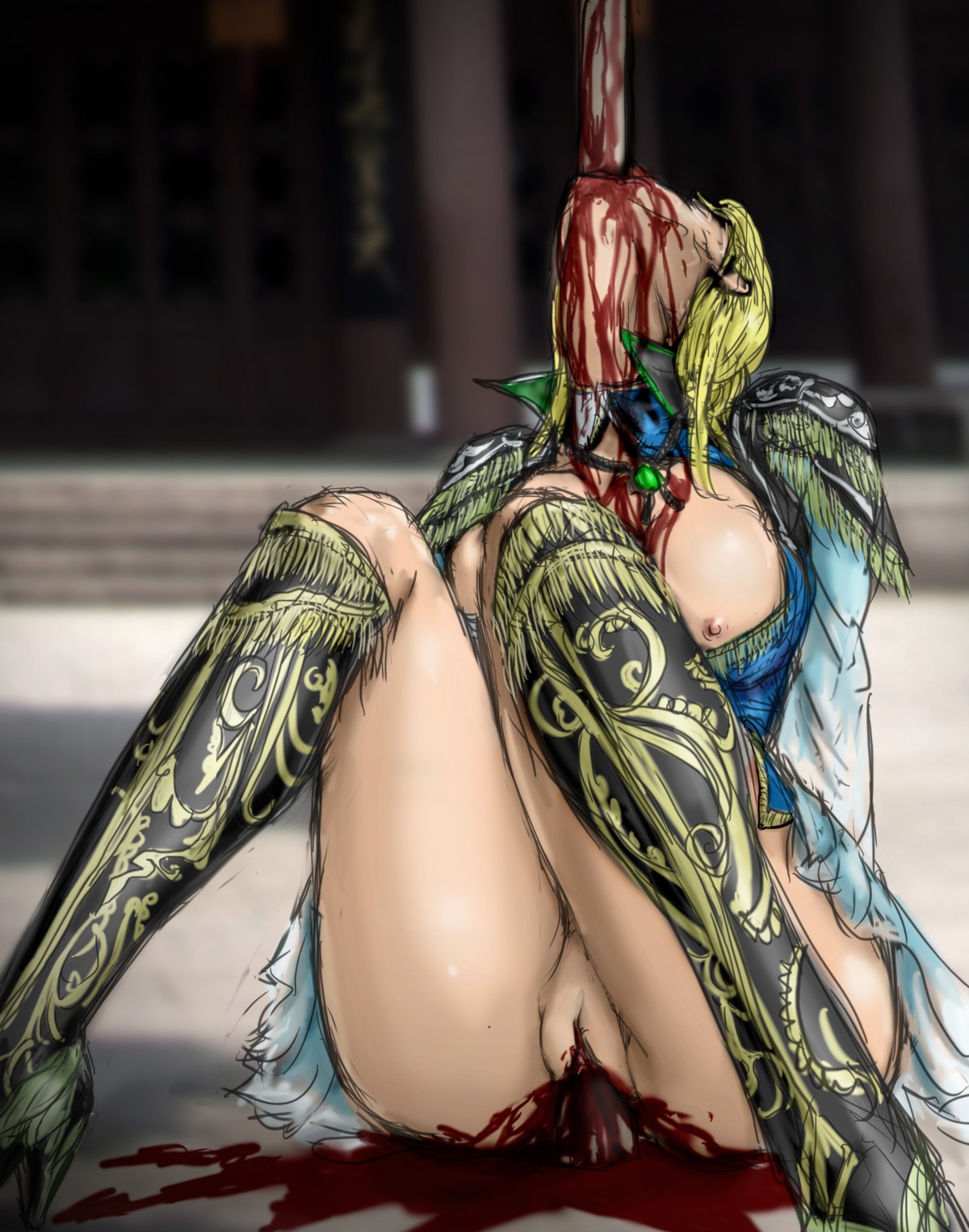 ayaswan beige_skin bleeding blonde_hair blood blood_puddle blood_stain breasts clothes color death dynasty_warriors female female_death female_only front_view gore guro hair human impalement injury insertion nipples outdoors puncture pussy red_blood rule34 solo vaginal_insertion vulva wang_yuanji wound