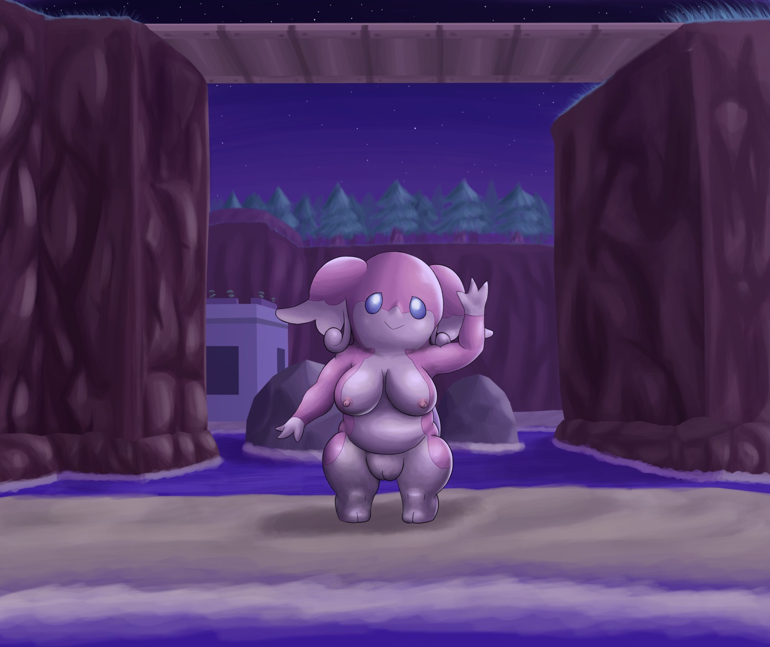 absurd_res audino big_breasts big_ears blue_eyes breasts e621 female generation_5_pokemon genitals hi_res looking_at_viewer night nintendo nude ole outside pokemon pokemon_(species) raised_arm smile solo standing thick_thighs vulva