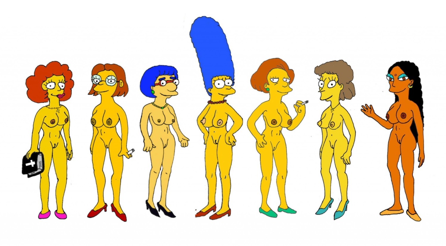 20th_century_fox accurate_art_style bible_(object) bindi black_hair blue_hair book breasts brown_hair brown_skin cigarette color curly_hair dark-skinned_female dark_skin edna_krabappel elizabeth_hoover exposed_breasts eyes female female_only front_view glasses hair helen_lovejoy human indian interracial long_hair looking_at_viewer luann_van_houten manjula_nahasapeemapetilon marge_simpson maude_flanders multiple_females multiple_girls nipples open_eyes pussy rule34 short_hair skin smoking straight_hair the_simpsons vulva white_background yellow_body yellow_skin