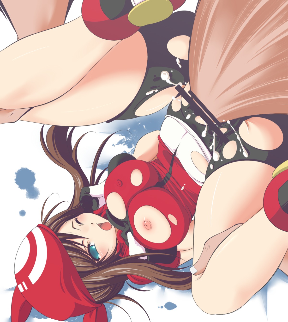 artist_request bandana bike_shorts blue_eyes breasts brown_hair censored female highres human human_only may_(pokemon) nintendo nipples open_mouth pointless_censoring pokemon rape rule34 short_hair spread_legs torn_clothes wince